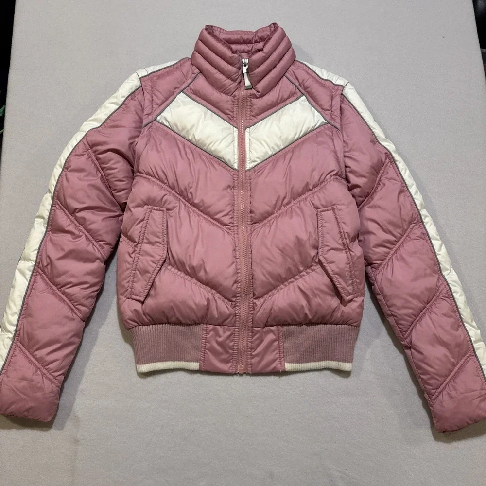 Tommy Jeans Y2K Puffer Jacket‎ Women Sz M Pink White Stripe Removable Sleeve Vtg